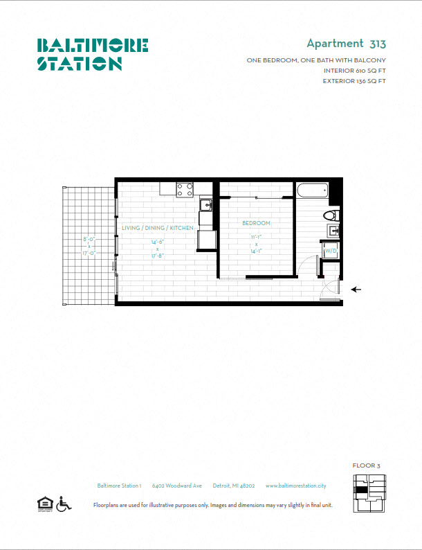 Floor plan for 1 bed, 1 bath, 610 sqft